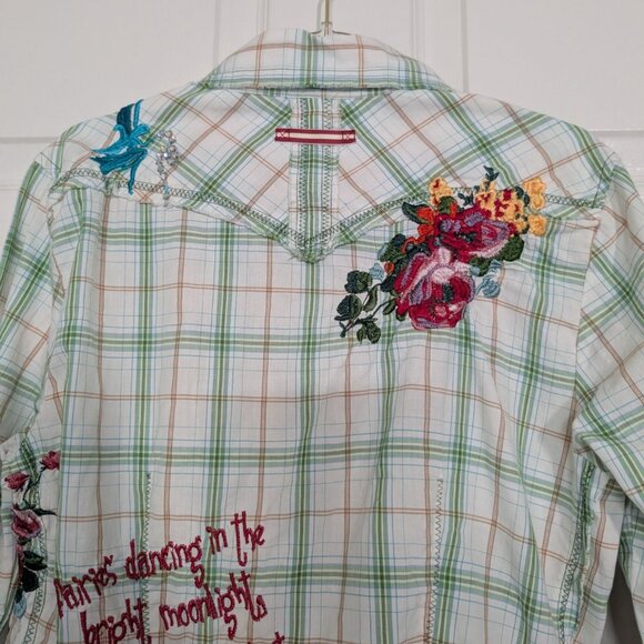 J3 Workshop Johnny Was Fairy Tails Shirt Womens Size Medium Green Plaid Floral - Picture 9 of 15